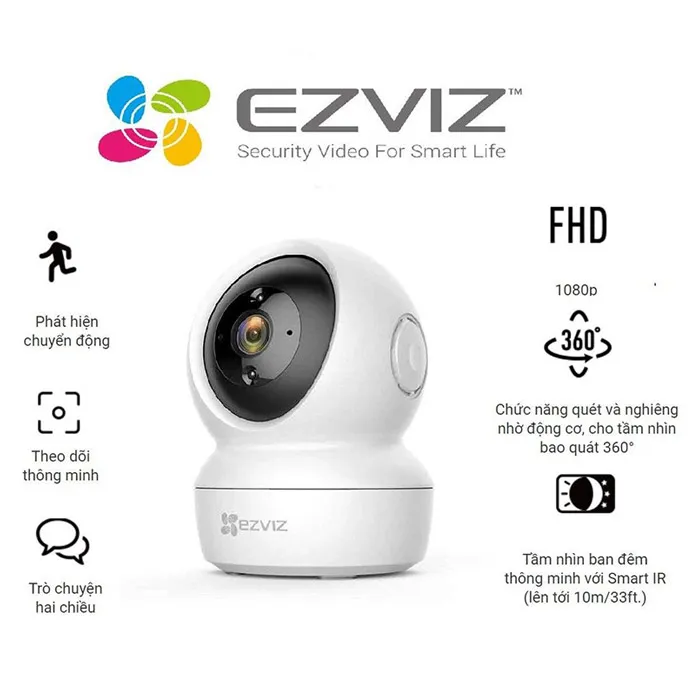 EZVIZ C6N nhìn nghiêng, đế nam châm kệ gỗ phòng khách