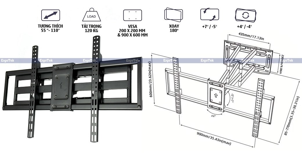 Khung treo TV xoay đa năng ErgoTek E69 55″-110″, chưa bao gồm VAT