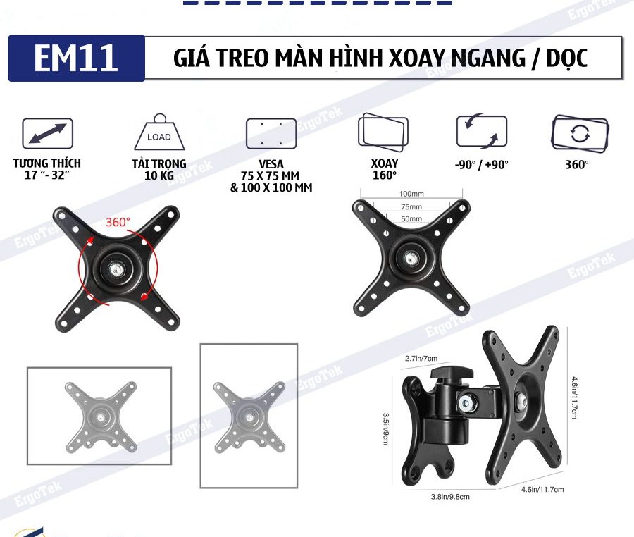 Giá treo màn hình máy tính ErgoTek EM11 14″-27″ inch, xoay 360 độ