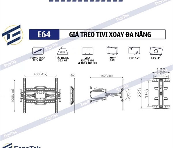 Giá treo TV ErgoTek xoay đa nâng E64 32″-70″ inch