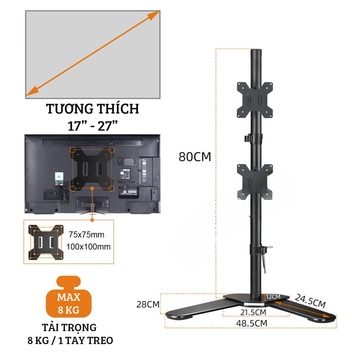 Giá treo màn hình máy tính M073 13″-27″ – 02 màn hình