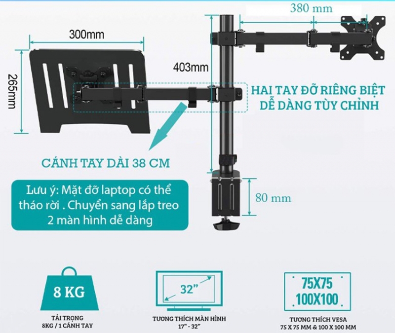 Giá treo màn hình máy tính (17 – 30 inch) đi kèm giá đỡ Laptop (10 – 21 inch) ErgoTek EZ4