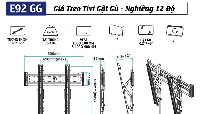 Khung treo TV nghiêng, gật gù E92 – GG (32″ – 65″) – Giá chưa VAT