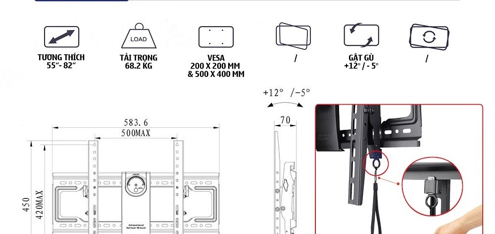 Khung treo TV nghiêng ErgoTek E94 – GG (55 – 82 inch)