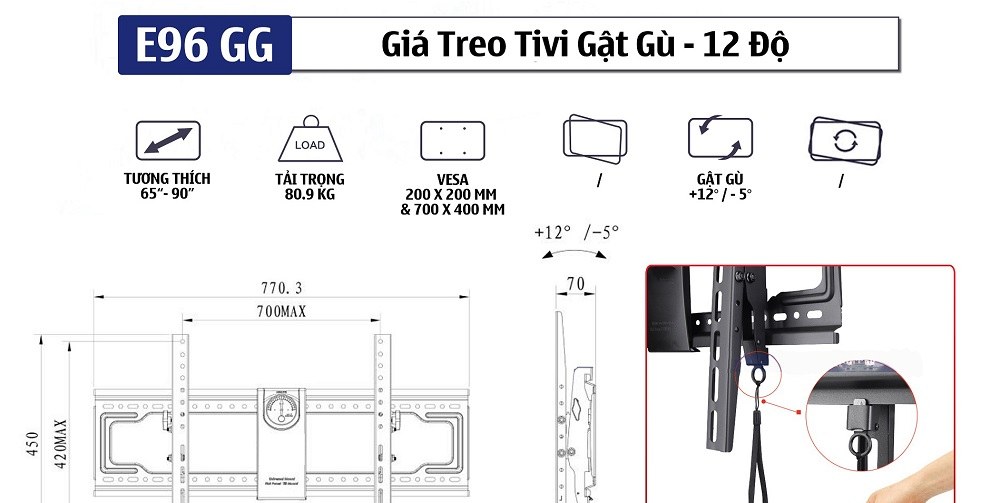 Khung treo TV nghiêng ErgoTek E96 – GG (65 – 90 inch)