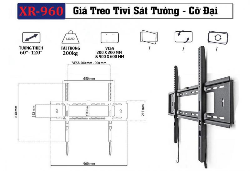 Giá treo TV cố định nhập khẩu sát tường XR960 (60″- 120″) dùng cho màn hình siêu lớn, tải trọng lên tới 120kg
