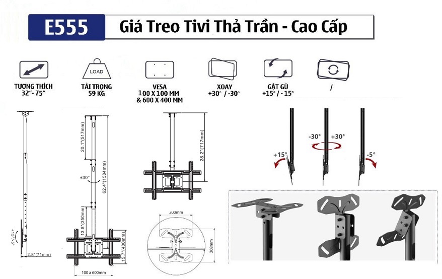 Khung treo TV thả trần ErgoTek E555 32″-70″ – Hàng nhập khẩu – Full VAT