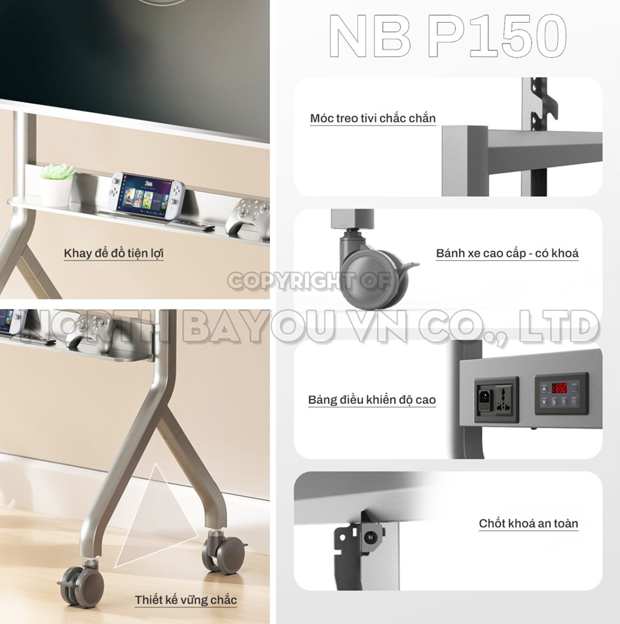 Khung treo TV di động North Bayou P150 75″ – 90″ inch – Nâng hạ bằng điện