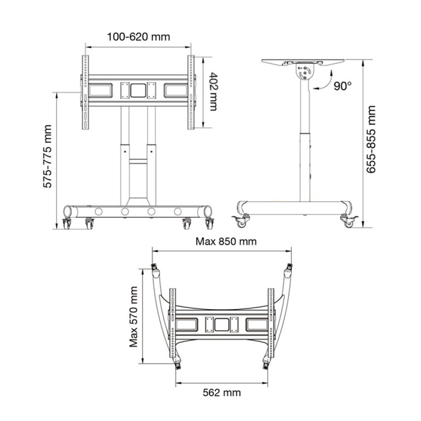 Khung treo Tivi di động AVA50 32″ – 70 inch – Độ cao điều chỉnh TV: 655mm – 855mm – Góc nghiêng 0-90 độ