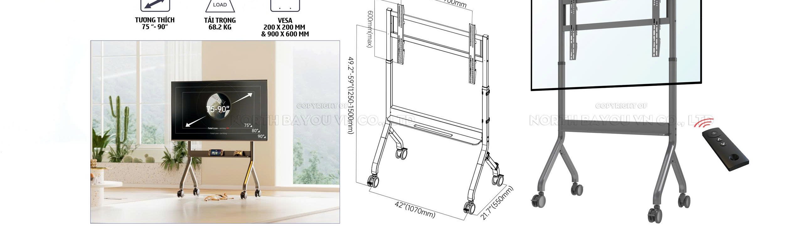 Khung treo TV di động North Bayou P150 75″ – 90″ inch – Nâng hạ bằng điện