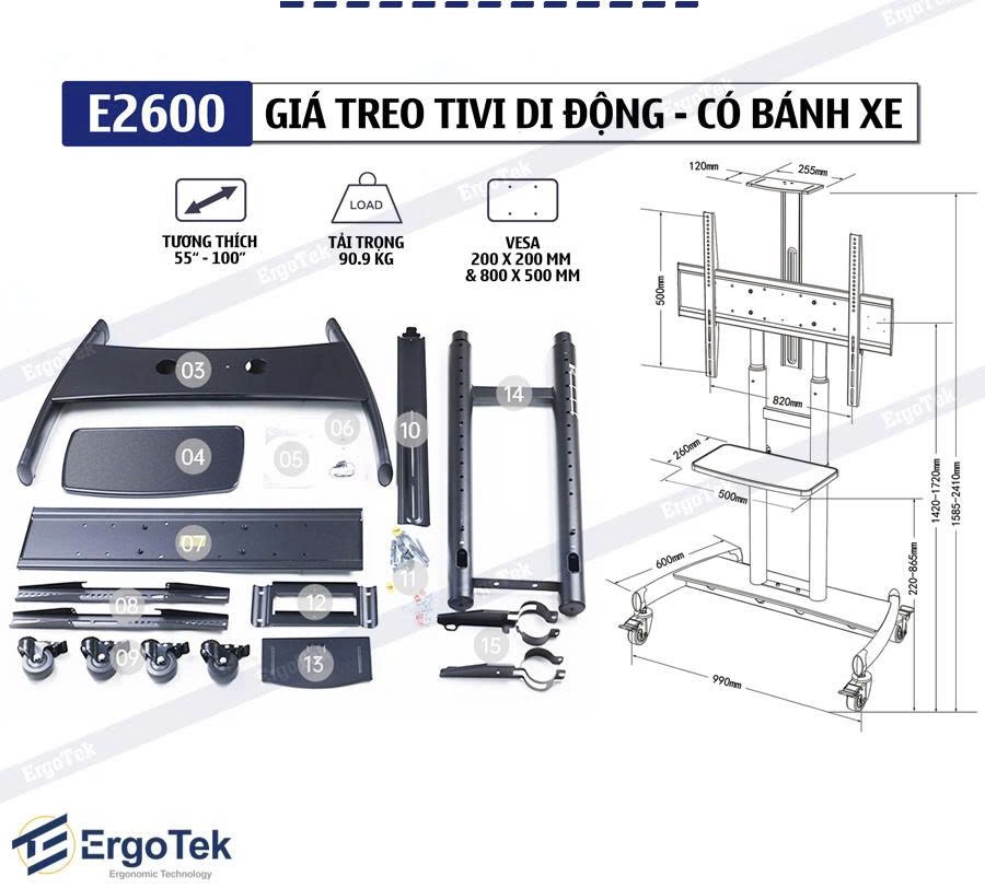 Khung treo TV di động ErgoTek E2600 55″ – 100″ inch – Có bánh xe